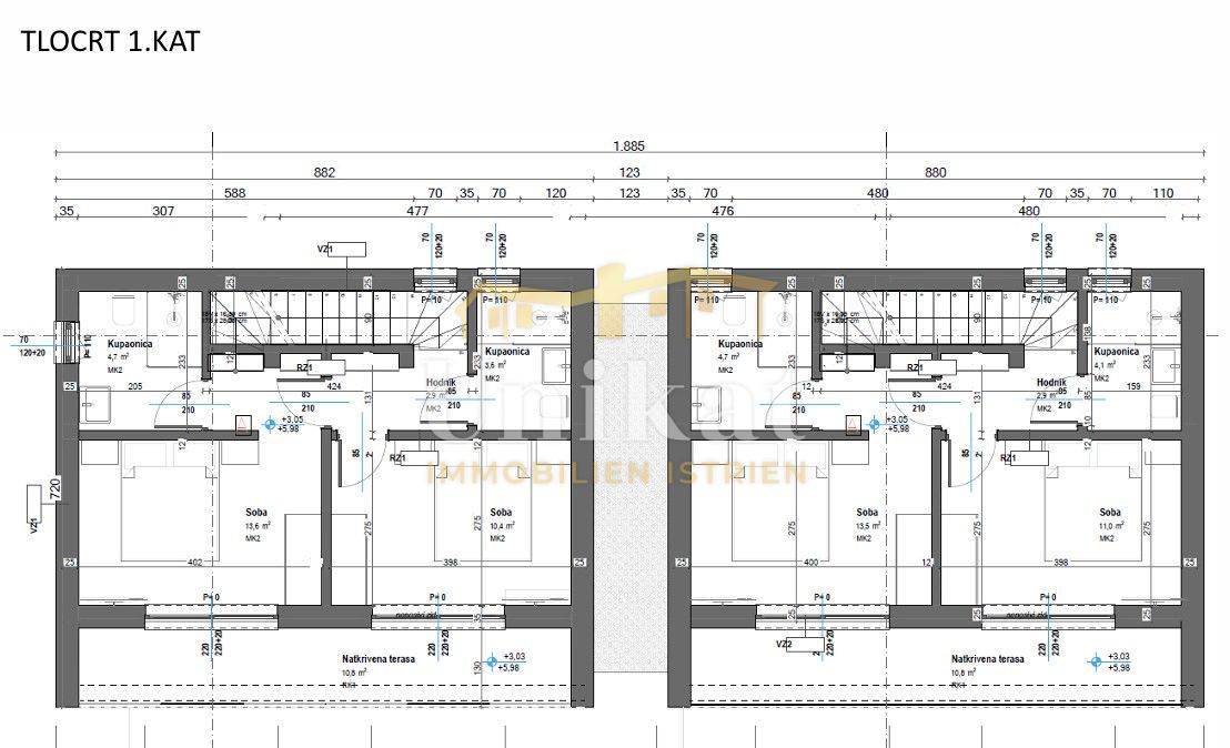 Projekt novogradnje: dvojna hiša s bazenom, 2 spalnici
